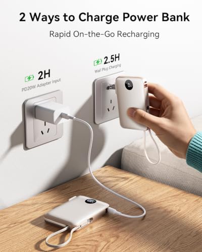 Portable Charger Power Bank 10000mAh, 45% Smaller Built-in Cables & AC Plug - color: Pearl White