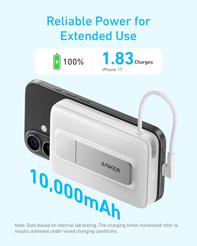 Anker Zolo Magnetic Power Bank, 10,000mAh Wireless Portable Charger | Magnetic Battery Pack with 30W Max Fast Charging, Built-in USB-C Cable and Adjustable Stand, for iPhone 17/16/15 Series - color: Blue
