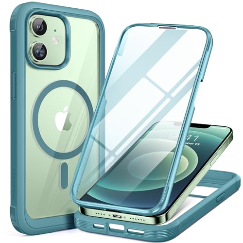 Miracase Glass Series Designed for iPhone 12/12 Pro 6.1 Inch, Upgrade Full-Body Magnetic Case with Built-in 9H Tempered Glass Screen Protector, with Camera Lens Protector, Magnetic Green - color: Magnetic Green, size: iPhone 12/12Pro