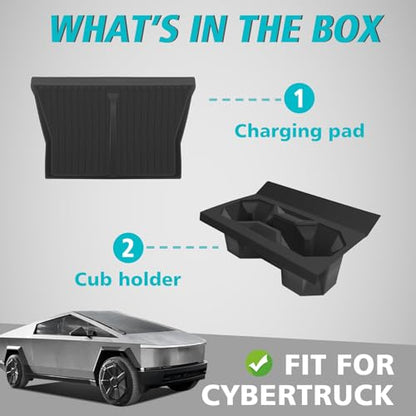 BestEvMod 2PCS Center Console Phone Charge Area Silicone Mat & Cup Holder Insert Compatible with 2026 2025 2024 Tesla Cybertruck Non-Slip Easy to Clean Black (Cup Holder Insert+Charge Pad Mat) - size: Cybertruck, style: Cup Holder Insert + Charge Pad Mat