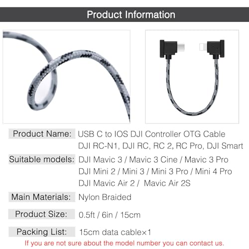 0.5FT USB C to IOS Remote Controller Cable for DJI Mini 4 Pro, DJI Mavic 3, Mini 2, mini 3 Pro, Air 2S, Mavic Air 2, DjI RC-N1/RC 2, DJi Drone to Phone/Tablet Cable 90 Degree OTG data Cord Accessories - size: 0.5FT(6in), style: USB C to IOS