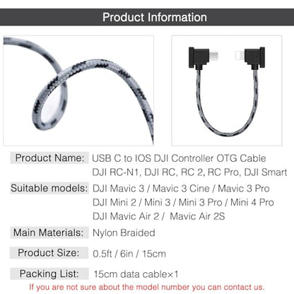 0.5FT USB C to IOS Remote Controller Cable for DJI Mini 4 Pro, DJI Mavic 3, Mini 2, mini 3 Pro, Air 2S, Mavic Air 2, DjI RC-N1/RC 2, DJi Drone to Phone/Tablet Cable 90 Degree OTG data Cord Accessories - size: 0.5FT(6in), style: USB C to IOS