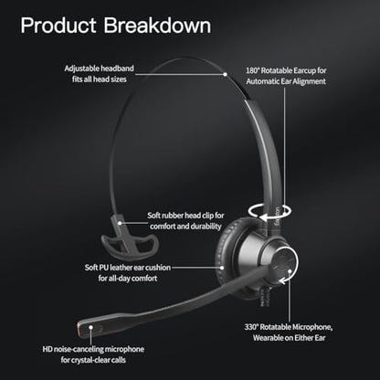 X1 Single Ear Office Headset with 3.5mm & Y-Adapter - Noise Cancelling Mic - Wired Call Center Headset for PC Laptop Phone, Zoom & Teams