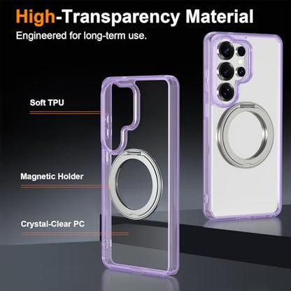 Magnetic Case for Samsung Galaxy S26 Ultra 5G Phone 2026 | with Rotating Kickstand | Non-Yellowing Transparent Clear | Slim Thin | Wireless Charging | Shockproof Protection (Purple) - color: Purple, size: S26 Ultra