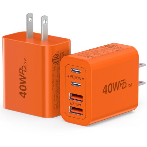 [2-Pack] 40W USB C Wall Charger Block,4-Port Super Fast Charging Block - color: 40W 2Pack Orange Red