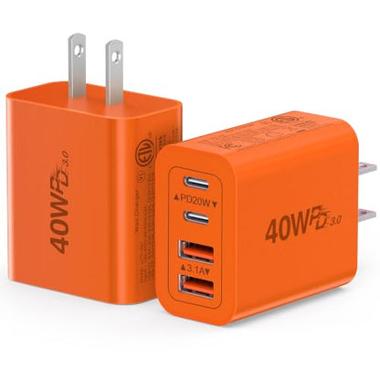 [2-Pack] 40W USB C Wall Charger Block,4-Port Super Fast Charging Block - color: 40W 2Pack Orange Red