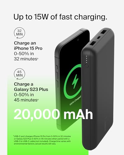 Belkin 20000mAh 15W 3 Port Power Bank, USB A to USB C Cable Included - color: Black