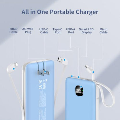 Portable Charger 10000mAh 22.5W Power Bank,Built-in 3 Cables & AC Wall Plug - color: Blue