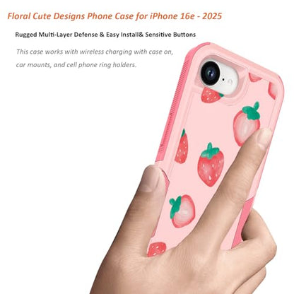 for iPhone 17e Case & iPhone 16e Case: Cute Flowers Floral Design for Girls Women Military Grade Drop Protection TPU Bumper Shockproof Silicone Phone Cover (Strawberry) - color: Strawberry