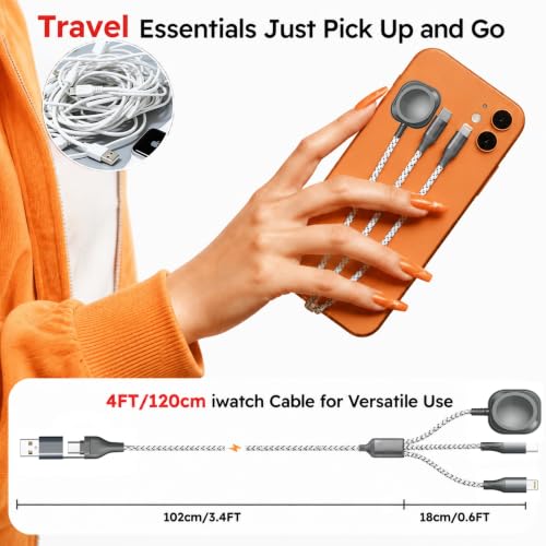 3-in-2 Multi Charging Cable for Apple Watch Charger 4FT Travel Essentials - color: GreyWhite