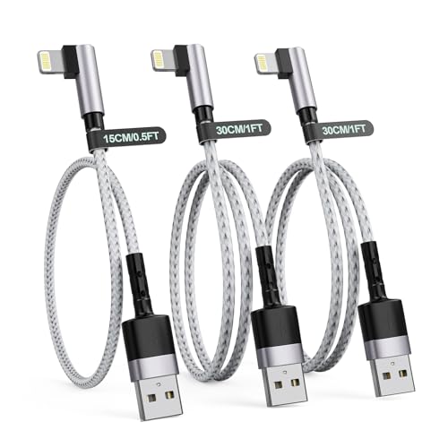 3Pack Right Angle Short Lightning iPhone Charge Cable, 90 Degree Apple Lightning Cable 15cm+30cm+30cm, Nylon Braided Sync Data Charger Cord for iPhone 14/13/12/11 Pro Max 8 7 Plus-Grey