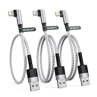 3Pack Right Angle Short Lightning iPhone Charge Cable, 90 Degree Apple Lightning Cable 15cm+30cm+30cm, Nylon Braided Sync Data Charger Cord for iPhone 14/13/12/11 Pro Max 8 7 Plus-Grey