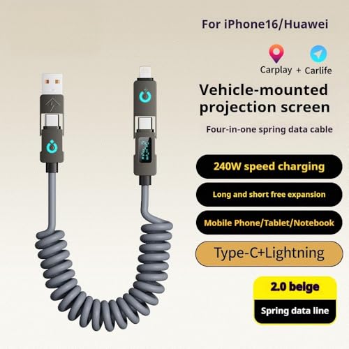 4 in 1 USB C Cable with LED Display, 240W Fast Charging Retractable Spring Data Cable Up to 6.6 Feet, Support CarPlay, iPhone/iPad/Samsung/Laptop (Gray)