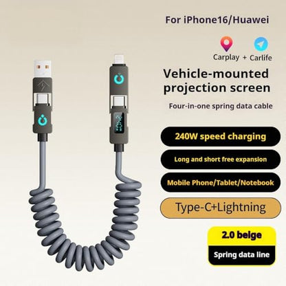 4 in 1 USB C Cable with LED Display, 240W Fast Charging Retractable Spring Data Cable Up to 6.6 Feet, Support CarPlay, iPhone/iPad/Samsung/Laptop (Gray)