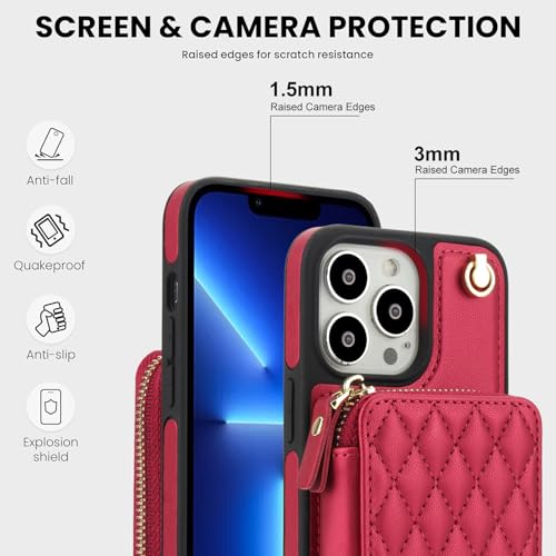 Phone Case for iPhone 14 Pro 6.1 inch Wallet Cell Cover with Tempered Glass Screen Protector Wrist Crossbody Strap RFID Blocking Card Holder TPU iPhone14Pro 5G i i-Phone i14 iPhone14 4 14Pro Women Red - color: Red