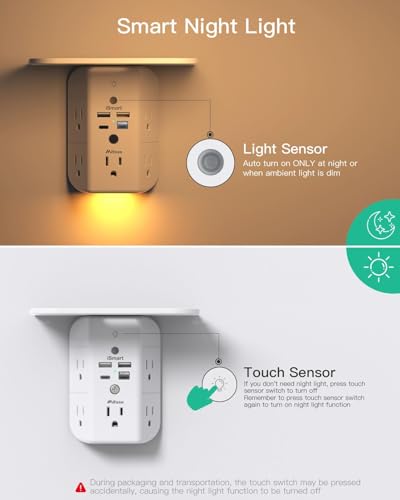 Mifaso PD20W Outlet Extender with Shelf & Night Light, Surge Protector - color: White, size: 2C2A&PD 20W
