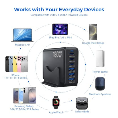 180W GaN Multi Charger Station, USB Charger Block, Desktop Charging Station - color: Black-180