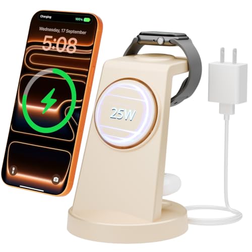 25W MagSafe Charging Station, 3-in-1 Magnetic Wireless Charger for Apple - color: Soft Beige