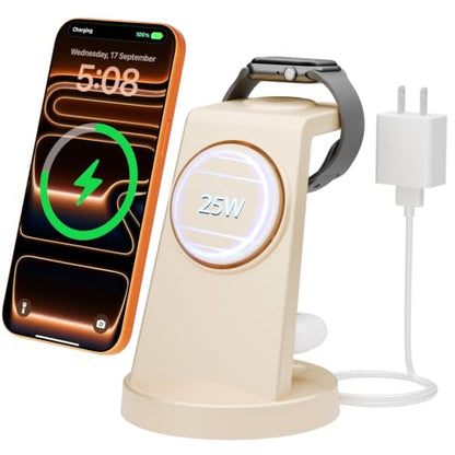 25W MagSafe Charging Station, 3-in-1 Magnetic Wireless Charger for Apple - color: Soft Beige