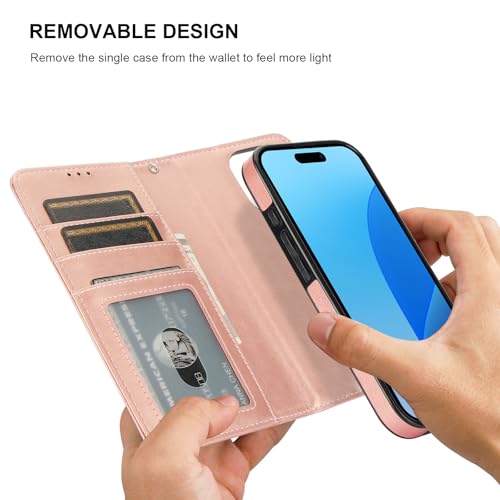 Bocasal Detachable Wallet Case Card Holder for iPhone 16 Pro, Rose Gold | RFID Blocking Kickstand Card Slots Holder PU Leather Magnetic Shockproof Wrist Strap Removable Flip Protective Cover 6.3 inch - color: Rose Gold