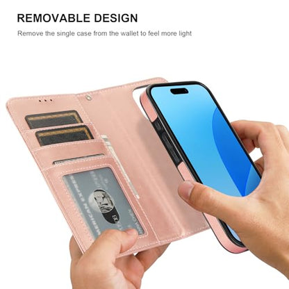 Bocasal Detachable Wallet Case Card Holder for iPhone 16 Pro, Rose Gold | RFID Blocking Kickstand Card Slots Holder PU Leather Magnetic Shockproof Wrist Strap Removable Flip Protective Cover 6.3 inch - color: Rose Gold