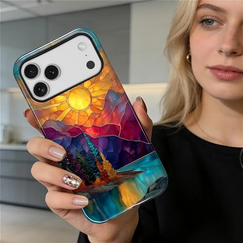 DAIZAG Case for iPhone 17 Pro Max,Mountain Range Sunrise Stained Glass Full-Body Design Hybrid Dual Protection Soft TPU Hard PC Shockproof Scratch-Resistant Protective Cover Phone Case for Men Women