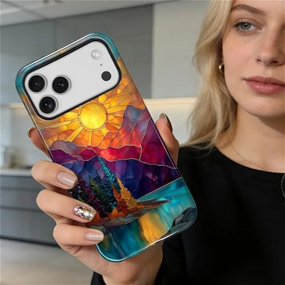 DAIZAG Case for iPhone 17 Pro Max,Mountain Range Sunrise Stained Glass Full-Body Design Hybrid Dual Protection Soft TPU Hard PC Shockproof Scratch-Resistant Protective Cover Phone Case for Men Women