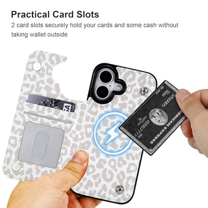 HAOPINSH Wallet Case for iPhone 17, Compatible with MagSafe Wireless Charging, White Leopard Cheetah Pattern Back Flip Folio Leather Kickstand Card Slots Case Double Magnetic Clasp Cover 6.3" - color: White Leopard for MagSafe