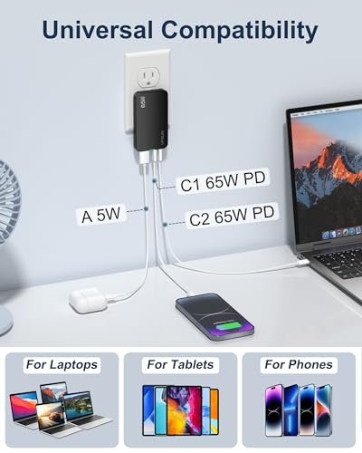 65W GaN Flat USB Wall Charger Block - 3 Port Foldable USB Charging Block - color: Black
