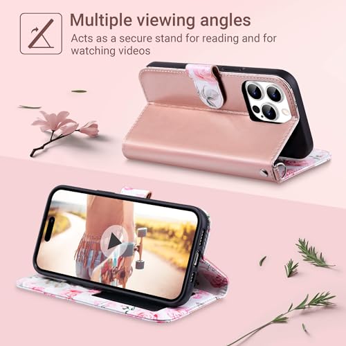 ULAK Compatible with iPhone 15 Pro Wallet Case with Card Holder, Rose Gold | [RFID Blocking] Flower Flip Case Wallet for Women Girls PU Leather Kickstand Wrist Strap Shockproof Cover 6.1 inch - color: Rose Gold, size: iPhone 15 Pro - 6.1 inch