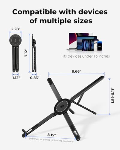 Viozon Portable Laptop Stand for Desk, Foldable Adjustable Computer Riser with Magnetic Phone Holder, Aluminum Laptop Stand for 10–16” Laptops & 4–13” Phones/Tablets (b) - color: Black
