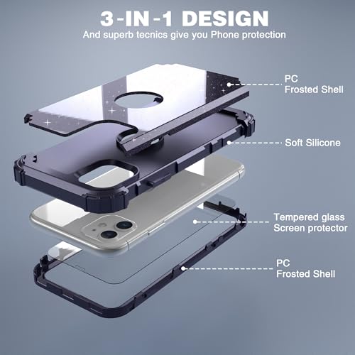 IDweel for iPhone 11 Case with Screen Protector(Tempered Glass), Hybrid 3 in 1 Shockproof Slim Fit Heavy Duty Protection Hard PC Cover Soft Silicone Bumper Full Body Case,Glitter Navy Blue - color: Glitter Navy Blue