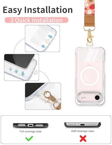 Phone Lanyard Crossbody Strap, Adjustable Neck Strap and Wristlet Strap for Phone Wallet ID Badge with 2 Phone Tabs - color: Strawberry Flower