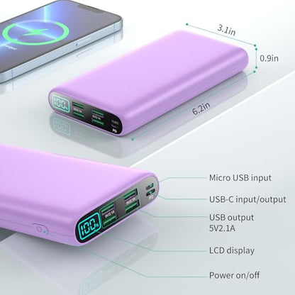 Portable Charger 38800mAh,LCD Display Power Bank,5 USB Outputs Battery Pack Backup, USB-C 3A in&Out Travel Essential Portable Phone Charger for iPhone 18/17/16/15/14 Pro,Android… - color: Purple