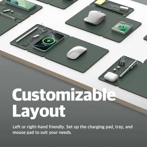 POUT H3 Split Max 3-in-1 Wireless Charging Mouse Pad – Fast Qi Charger, Mousepad Mat, and Magnetic Tray Organizer – Compatible with Smartphones and Earbuds (Deep Green)