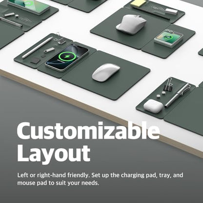 POUT H3 Split Max 3-in-1 Wireless Charging Mouse Pad – Fast Qi Charger, Mousepad Mat, and Magnetic Tray Organizer – Compatible with Smartphones and Earbuds (Deep Green)