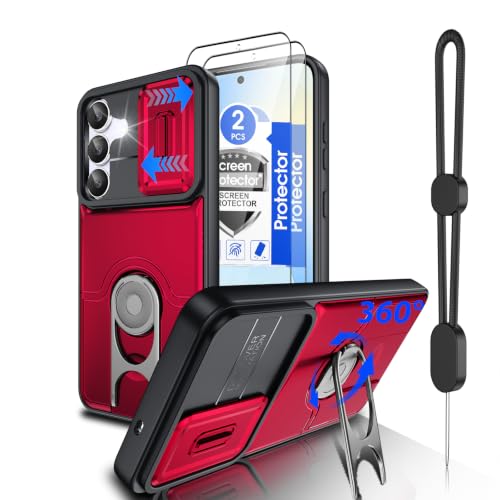 Dizn for Samsung Galaxy S25 FE Case:[Not Fit Samsung S25+] with Slide Camera Cover,360°Ring Stand,Lanyard,[2 Pcs] Explosion-Proof Film,Military-Grade Shockproof Protective,for Samsung S25 FE,Red - color: Red