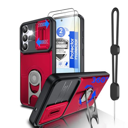 Dizn for Samsung Galaxy S25 FE Case:[Not Fit Samsung S25+] with Slide Camera Cover,360°Ring Stand,Lanyard,[2 Pcs] Explosion-Proof Film,Military-Grade Shockproof Protective,for Samsung S25 FE,Red - color: Red