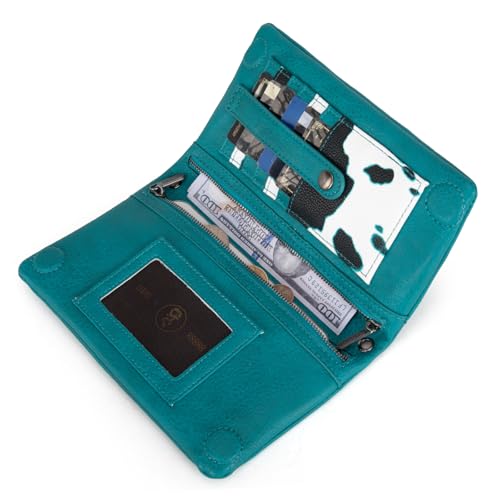 Wrangler Wristlet Wallet for Women Small Wallet Purse RFID Blocking Bifold Clutch Credit Card Holder Purse with Crossbody Strap - color: B-turquoise