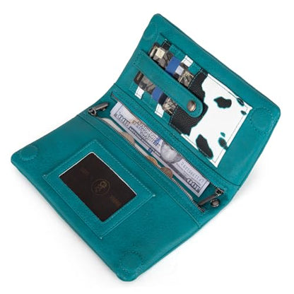 Wrangler Wristlet Wallet for Women Small Wallet Purse RFID Blocking Bifold Clutch Credit Card Holder Purse with Crossbody Strap - color: B-turquoise