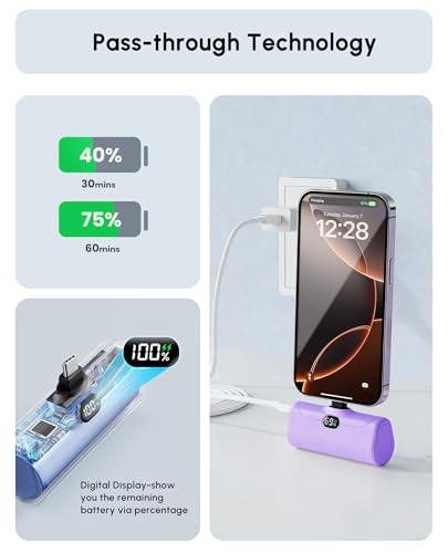 Handy Purple USB C Power Bank Portable Phone Charger With Stand, 5000mah Mini Battery Pack Backup Charger with Digital Display for iPhone 17/16/15 series, Littile Mobile Charger for Samsung/Google/LG - color: Purple