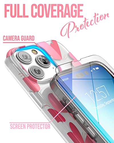ENCASED Finger Loop Case Designed for iPhone 14 Pro Max with Hand Strap Grip, Cute Pink Butterfly-Heart Design (Screen Protector Included) - color: Pink Heart Butterfly