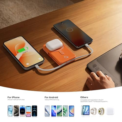 Q Magnetic Wireless Portable Charger 10,000mAh, Travel Essentials Power Bank with Built-in Cables & Foldable Stand, External Battery Pack Compatible with iPhone 17/16/15/14/13/12, Apple Watch - color: Orange