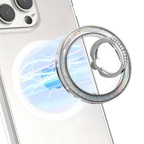 Silver Magnetic Phone Ring,Transparent Strong Magnet Phone Grip Holder,360°Adjustable & Removable Clear Glitter Laser Design Diamond Ring for Phones & Tablets - color: Clear Silver Glitter Diamond Laser