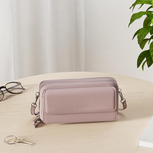 RFID Crossbody Wallet Wristlet Purse with Phone Pocket For Women Vegan Leather - color: Pink