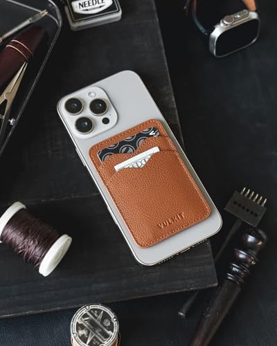VULKIT Stick on Card Holder Compatible for iphone Leather Cell Phone Wallet Credit Card Case Strong Sticker for Women - color: Genuine Brown