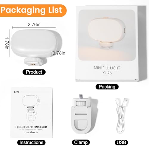 Mini Phone Light Clip, Type-C Charging, Rechargeable Selfie Light & Adjustable Brightness for iPhone, Smartphones, Camera, Laptops, Perfect for Make up, TikTok, Live Streaming, White