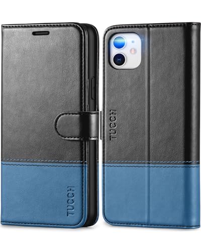 TUCCH Wallet Case for iPhone 11 (6.1"), 3 Card Holders, Black & Light Blue | RFID Blocking, Viewing Stand, Shockproof TPU Shell, PU Leather, Magnetic Closure, Protective Folio Flip Cover - color: Black & Light Blue