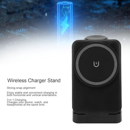 Wireless Charger Stand 3 in 1, Foldable Fast Charging Station 15W, Portable Wireless Charging Pad for Phone Watch Earphone Black - color: Black