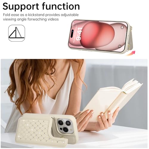 Crossbody Wallet Case for iPhone 12 Pro Max(6.7") with Detachable Strap - PU Leather Flip Folio with Card Slots & RFID Blocking, Sparkling Diamond Accents-Beige - color: Beige, size: iPhone 12 Pro Max(6.7")